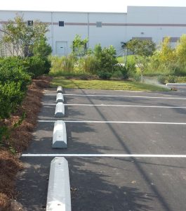 Empty parking lot with white lines and concrete wheel stops next to a landscaped area and a large industrial building.