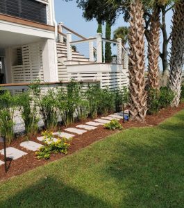 A landscaped yard with stepping stones, mulch, plants, and palm trees beside a raised house with a wooden deck.
