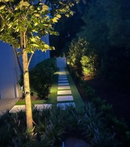 A lit stone pathway bordered by plants and trees runs alongside a building at dusk.