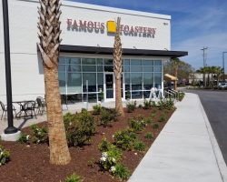 Exterior view of Famous Toastery restaurant with outdoor seating, palm trees, and landscaped walkway.