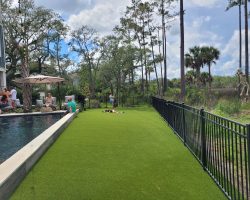 People relax by a pool and on artificial grass near a black fence, with trees and greenery in the background.